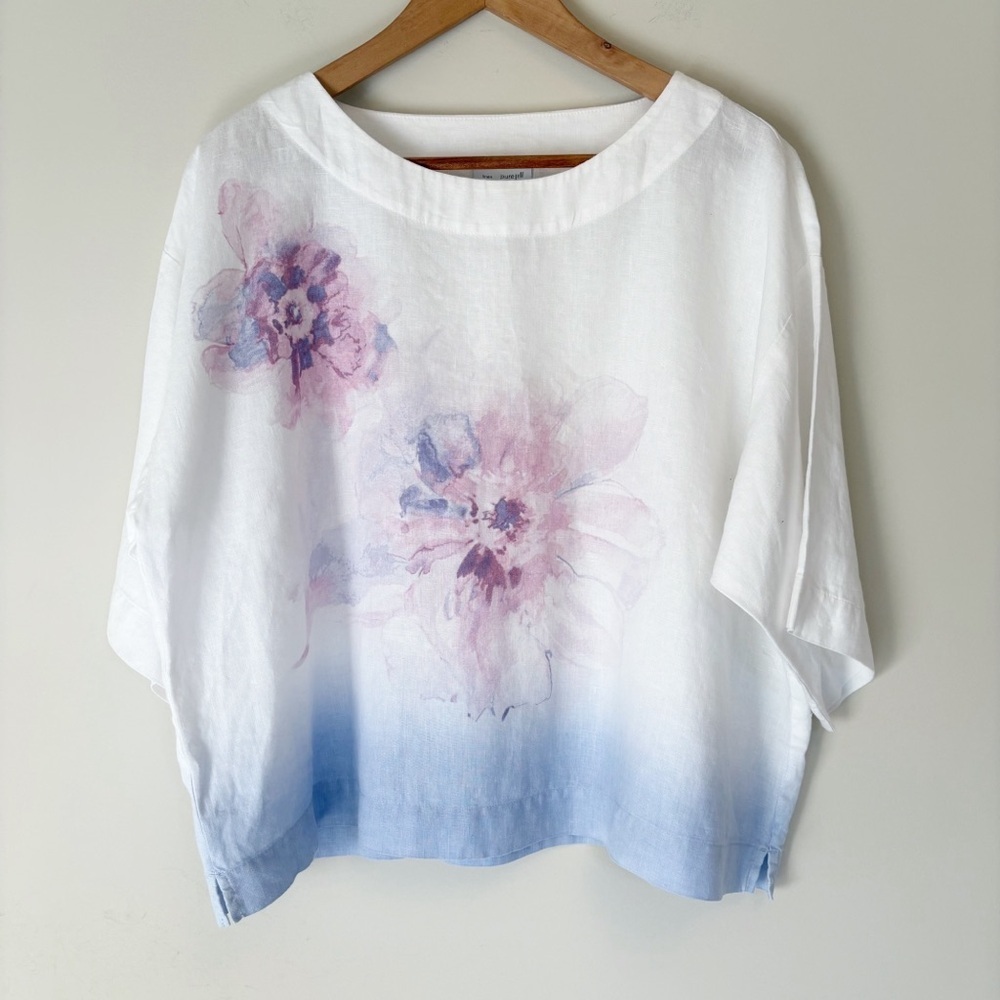 J Jill Purejill 100% Linen White Ombre Floral Flowy Blouse Top Lagenlook XS